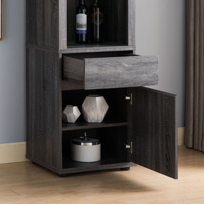 The Modern Wine Showcasing Cabinet features an open drawer and door revealing two geometric vases and a round white container inside, alongside a gray wall and beige floor. It includes two glass shelves and a storage cabinet for added functionality.