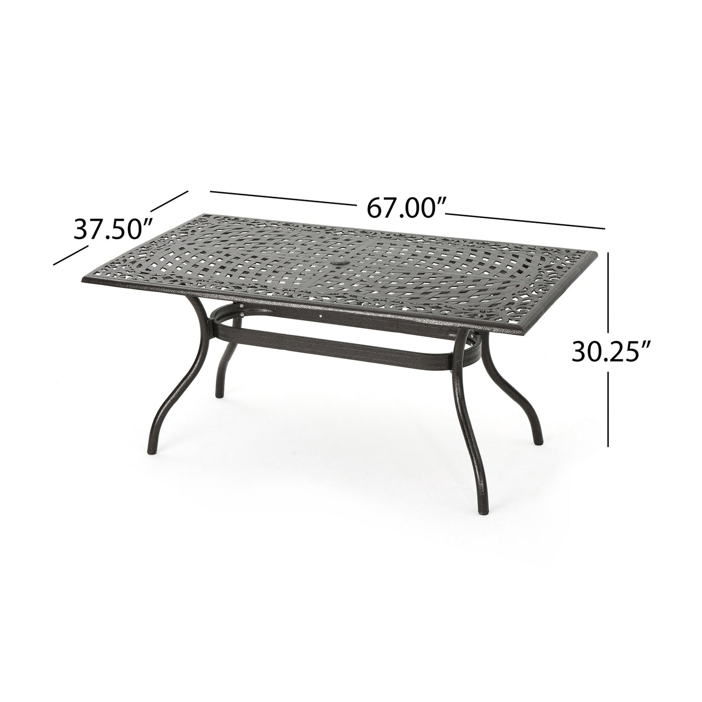 The Celestine Outdoor Cast Aluminum Dining Table features a floral lattice design, curved legs, and an umbrella holder. Dimensions: 67"L x 37.5"W x 30.25"H.