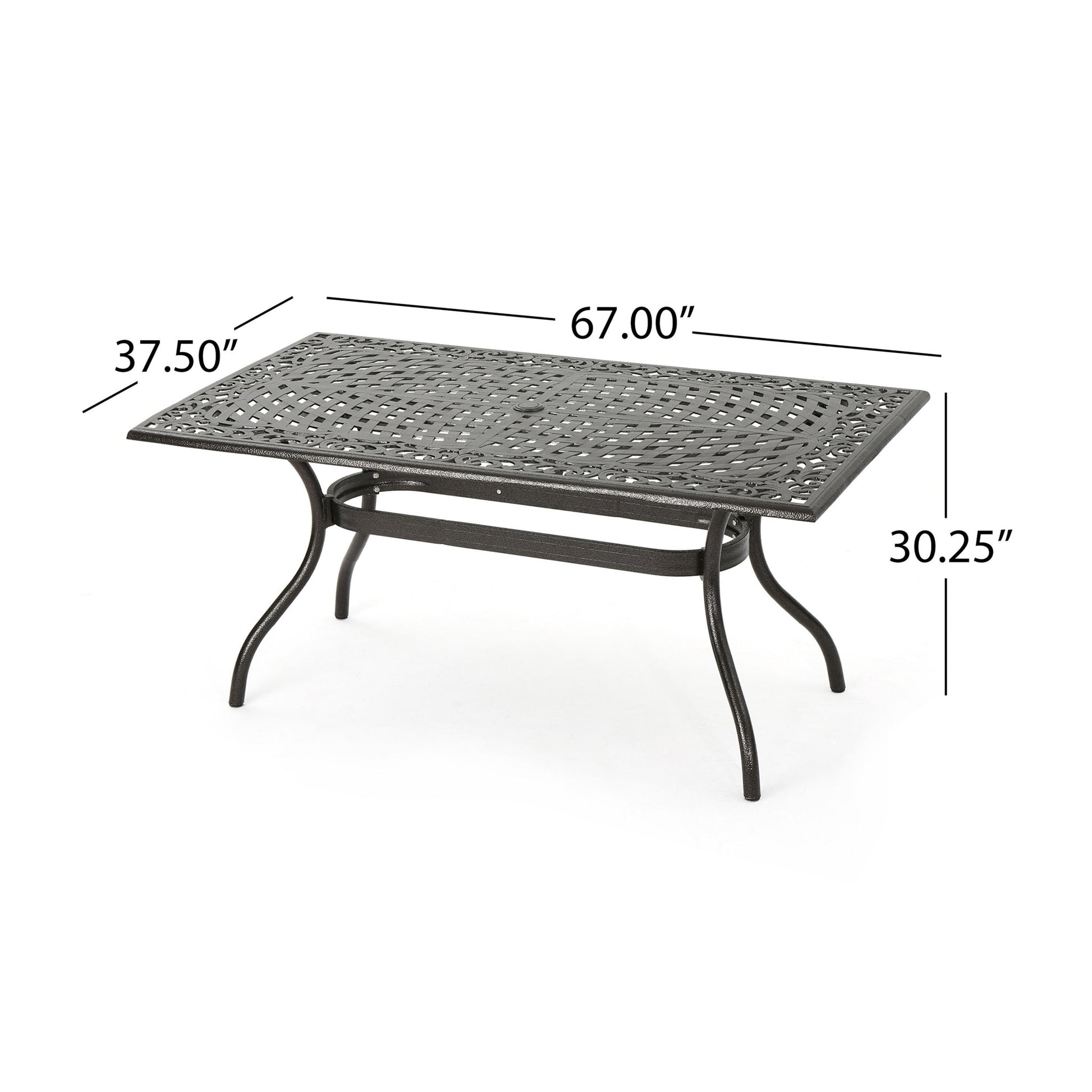 The Celestine Outdoor Cast Aluminum Dining Table features a floral lattice design, curved legs, and an umbrella holder. Dimensions: 67"L x 37.5"W x 30.25"H.