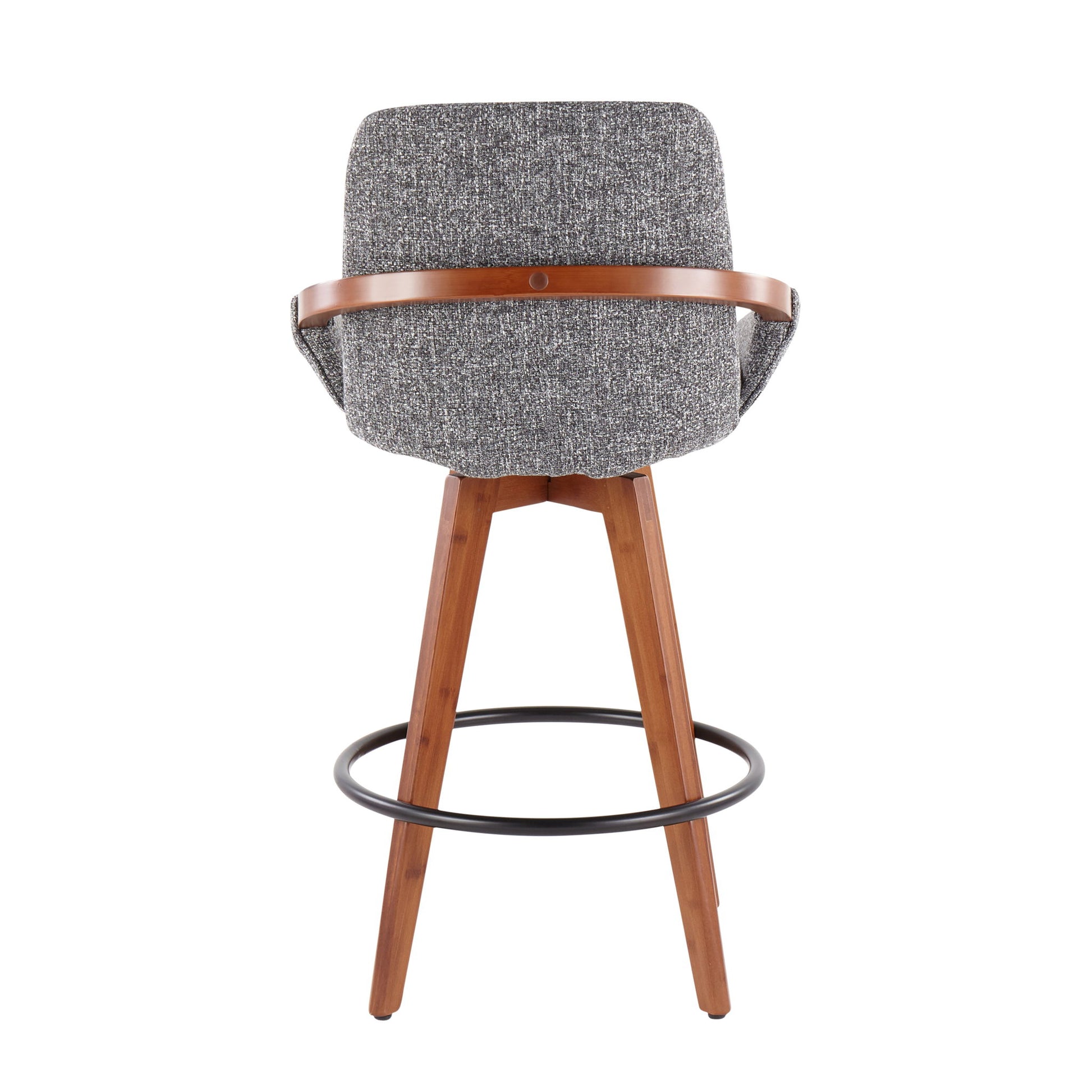 The Cosmo - Mid Century Counter Stool features a gray upholstered backrest, wooden frame, rounded armrests, four angled wooden legs, and a circular black metal footrest, shown from the back.