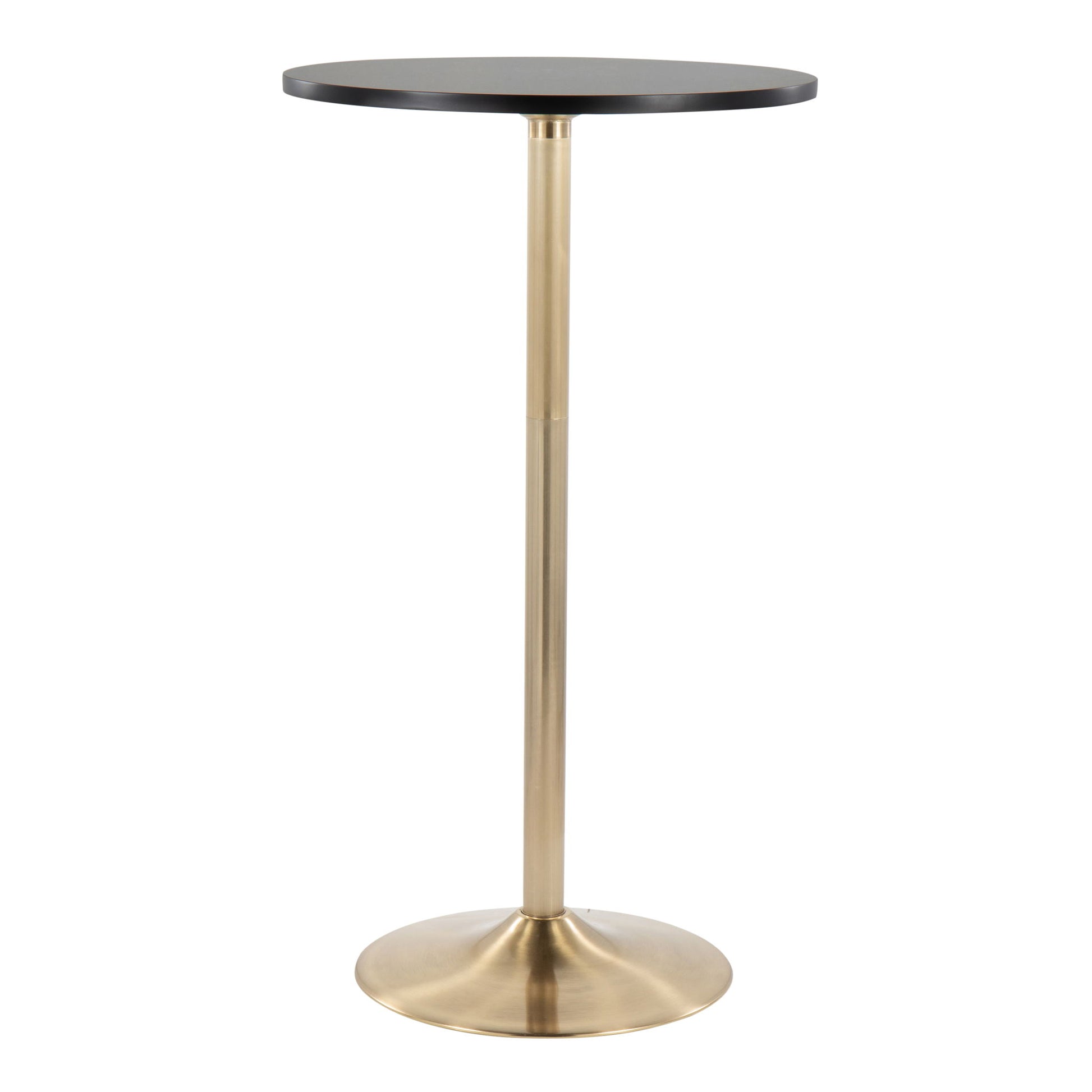 The Pebble Contemporary & Glam Adjustable Dining / Bar Table features a dark round top, sleek gold metal stem, and wide circular gold base, shown against a plain white background.