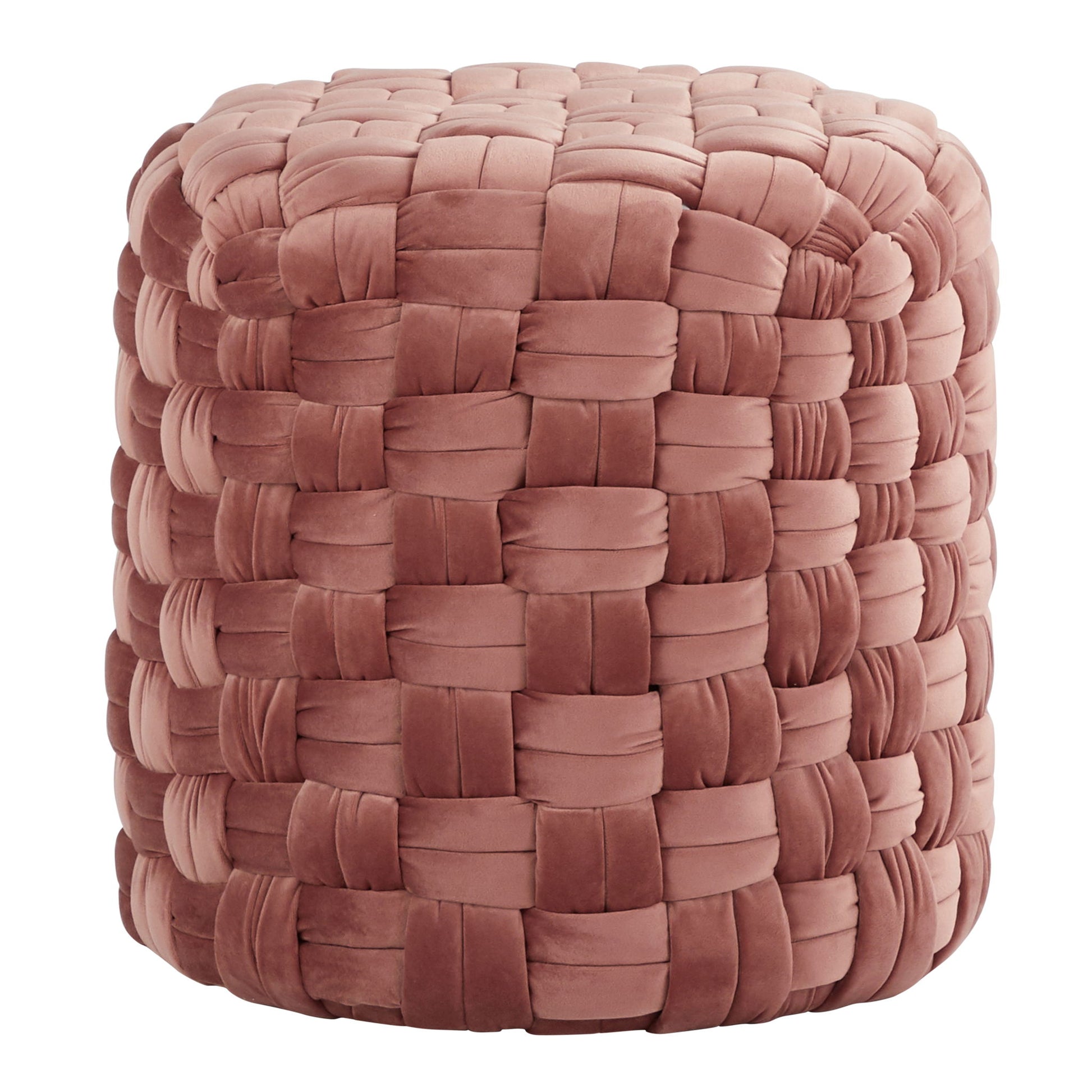 The Braided - Versatile Round Ottoman features a soft, plush dusty pink fabric with a woven basket-like design and a round shape.