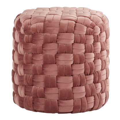 The Braided - Versatile Round Ottoman features a soft, plush dusty pink fabric with a woven basket-like design and a round shape.