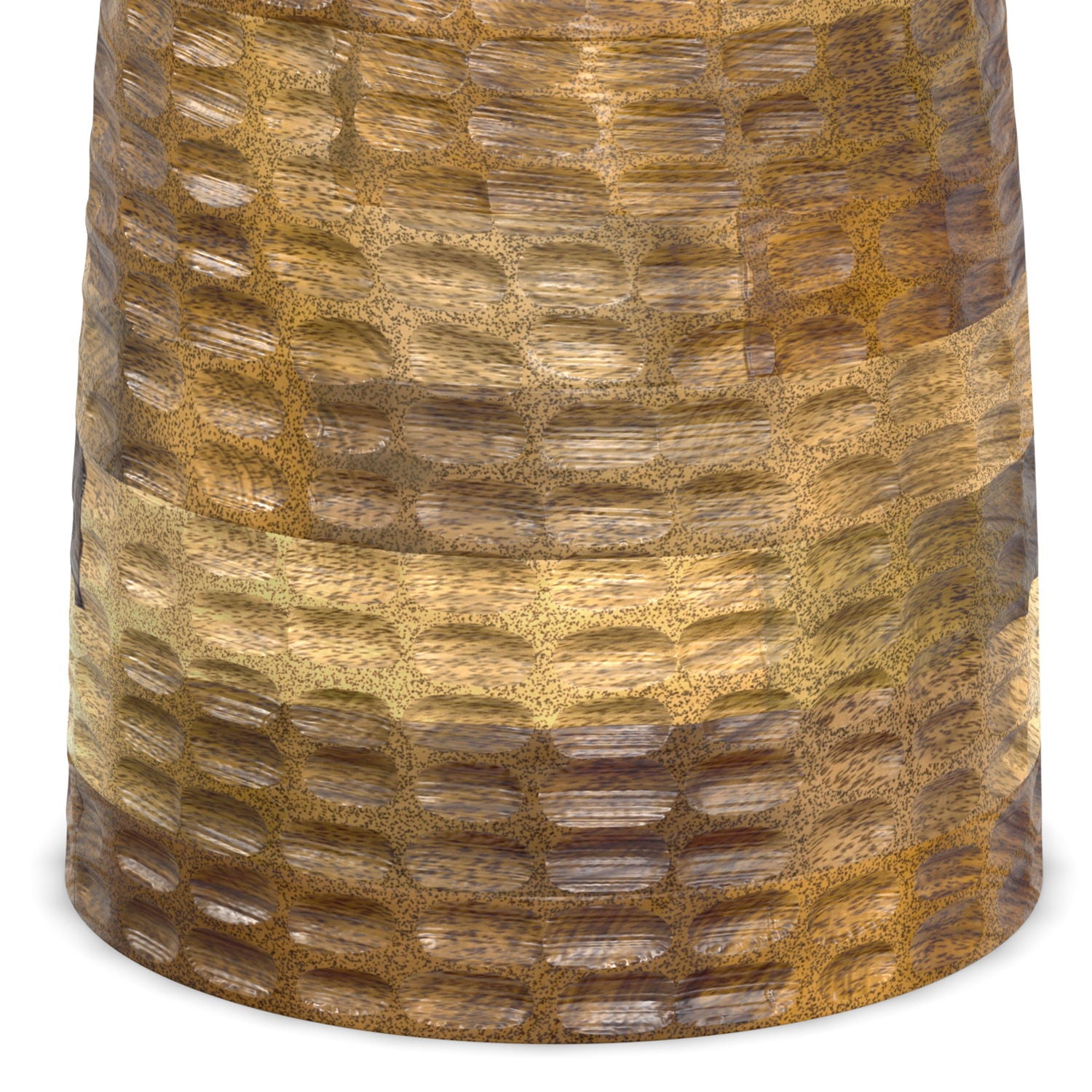 Close-up of the Boyd Handcrafted Wooden Accent Table's curved edge, showcasing a textured pattern of rectangular, raised indentations in brown and tan tones for a unique, artisanal look.