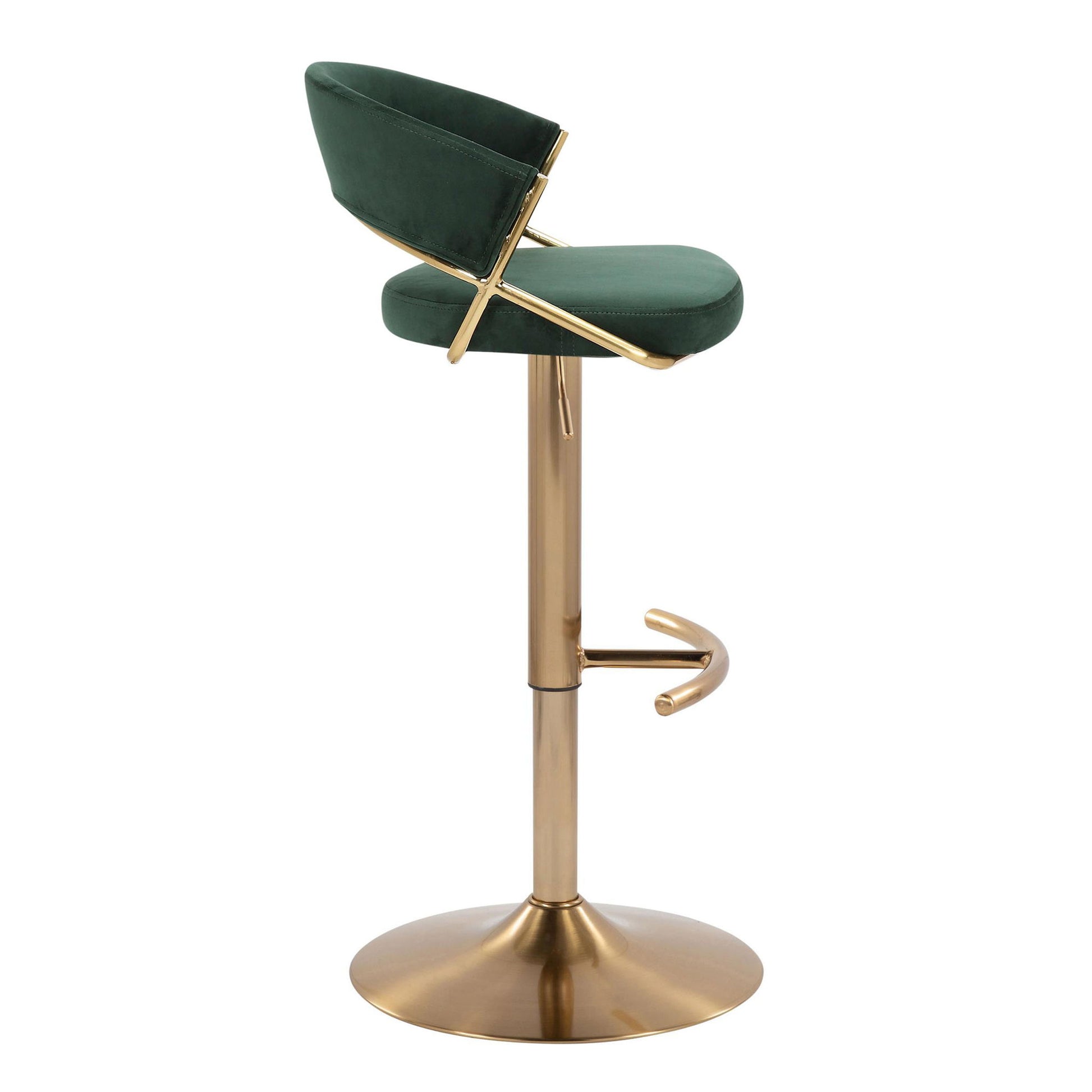 The Jie Contemporary Adjustable Barstool (Set of 2) features a gold metal base, swivel design, rounded T footrest, and green upholstered seat with an angled backrest, shown here in side view.