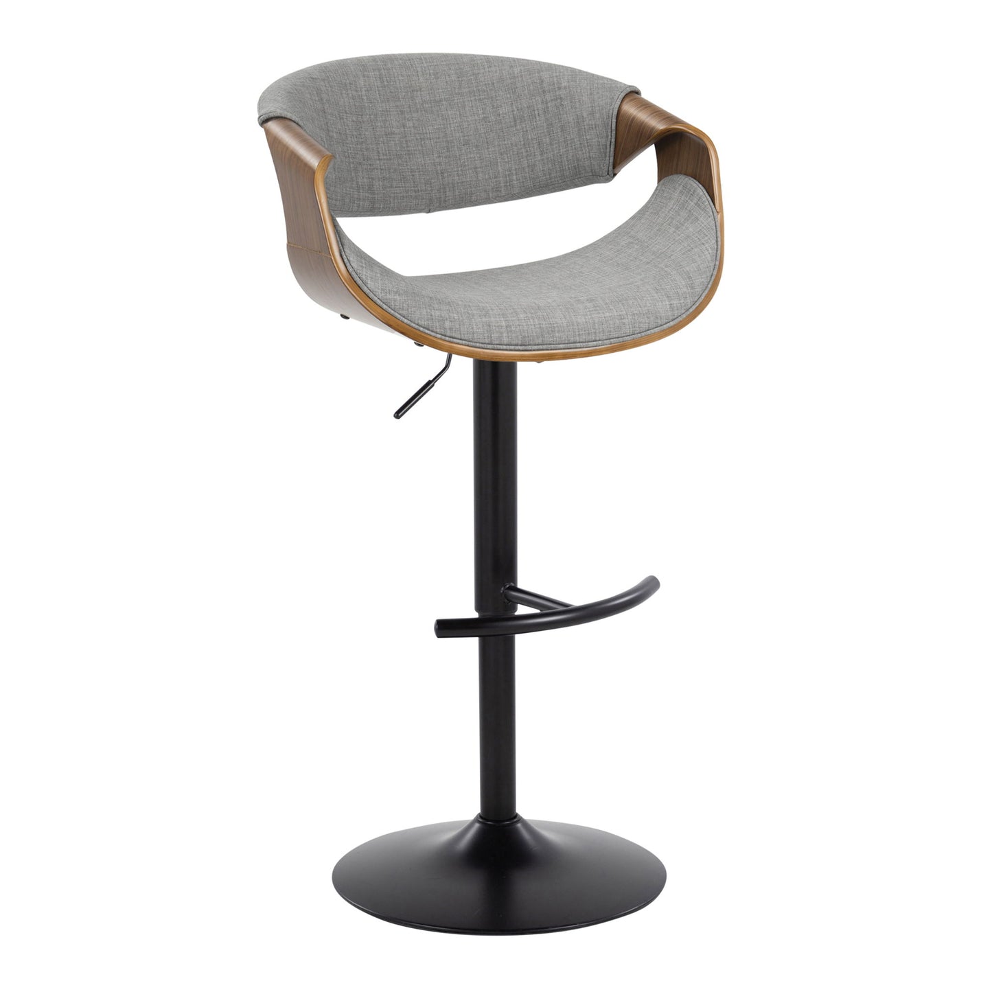 The Curvo Mid Century Modern Adjustable Barstool features a curved wooden backrest, light gray upholstered seat, black metal pedestal base, and a rounded T footrest. This sleek, contemporary set of 2 includes swivel functionality for added comfort.