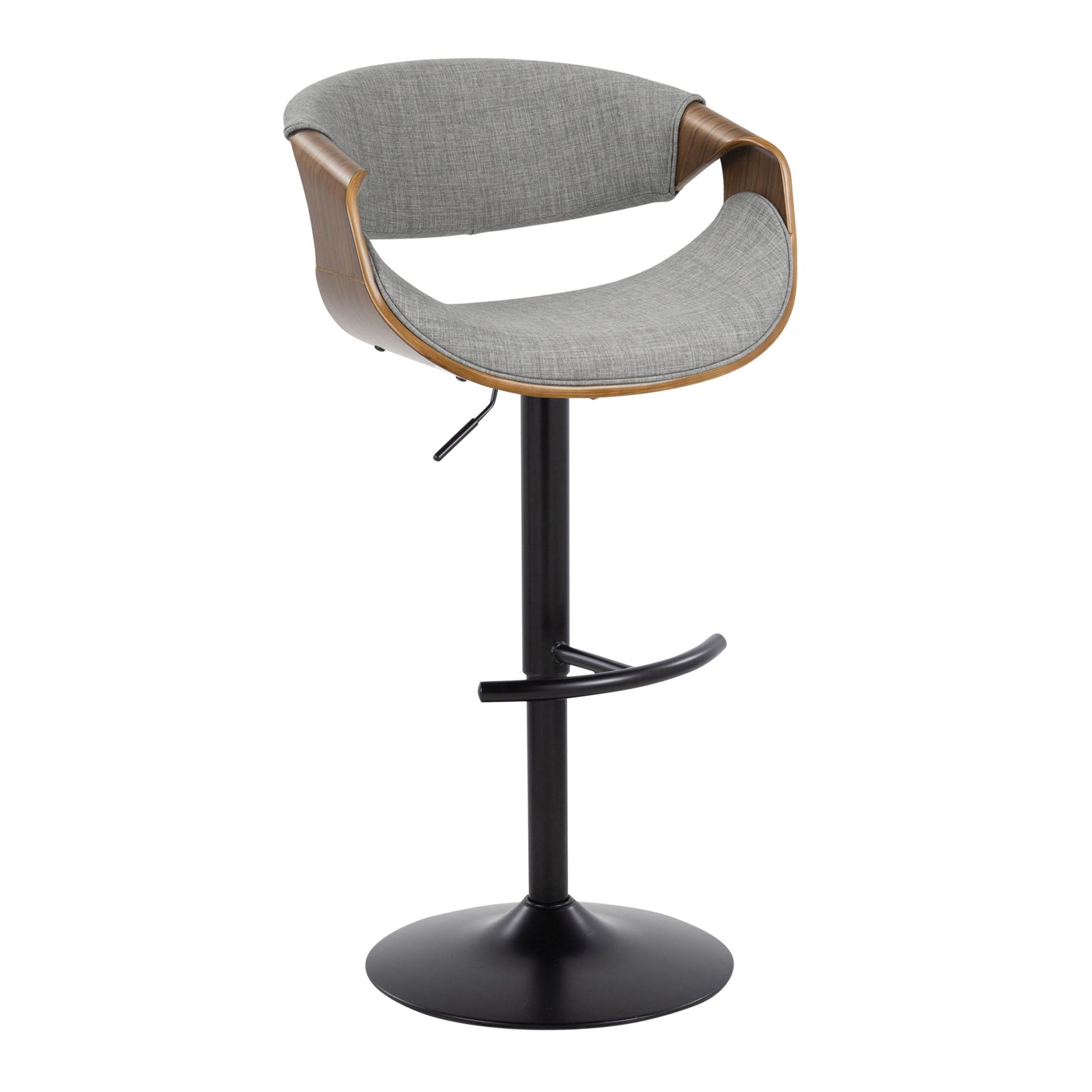 The Curvo Mid Century Modern Adjustable Barstool features a curved wooden backrest, light gray upholstered seat, black metal pedestal base, and a rounded T footrest. This sleek, contemporary set of 2 includes swivel functionality for added comfort.