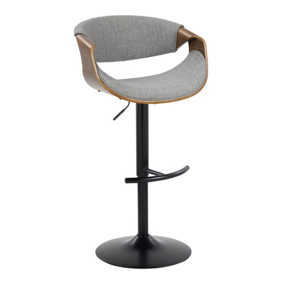 The Curvo Mid Century Modern Adjustable Barstool features a curved wooden backrest, light gray upholstered seat, black metal pedestal base, and a rounded T footrest. This sleek, contemporary set of 2 includes swivel functionality for added comfort.