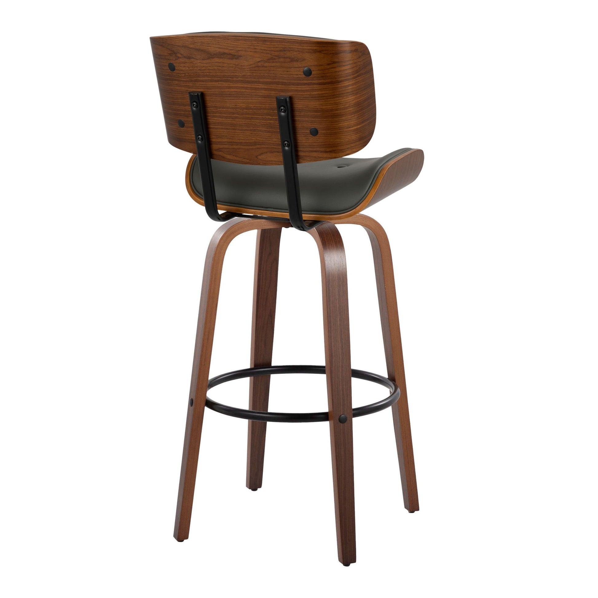 The Lombardi Mid-Century Modern Fixed Height Swivel Barstool (Set of 2) features a curved wooden backrest, black cushioned seat, dark metal brackets, four angled legs, and a round footrest for stylish comfort.