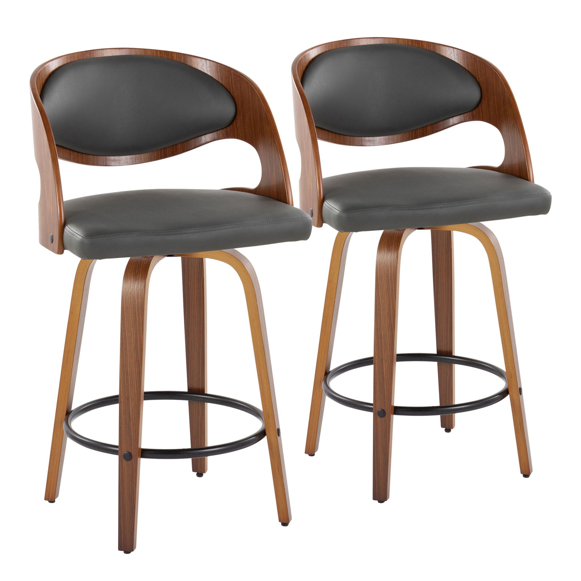 The Pino Set of 2 features mid-century modern barstools with wooden frames, curved backrests, black cushioned seats and backs, swivel function, four angled legs, and a round black footrest.