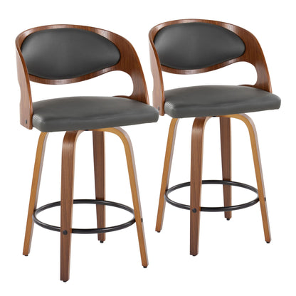 The Pino Set of 2 features mid-century modern barstools with wooden frames, curved backrests, black cushioned seats and backs, swivel function, four angled legs, and a round black footrest.