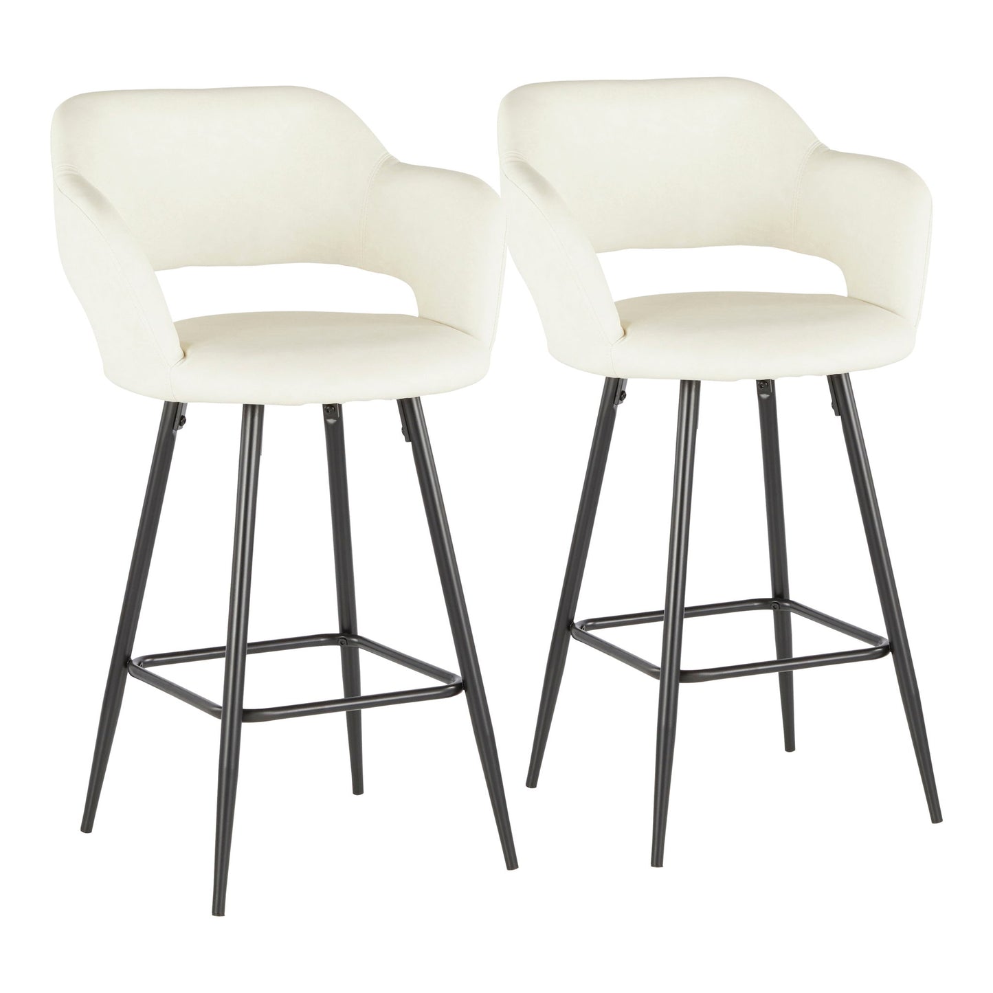 The Margarite Contemporary Counter Stool (Set of 2) features cushioned white seats and backs, black metal legs with footrests, curved armrests, and an open lower back for a modern look.
