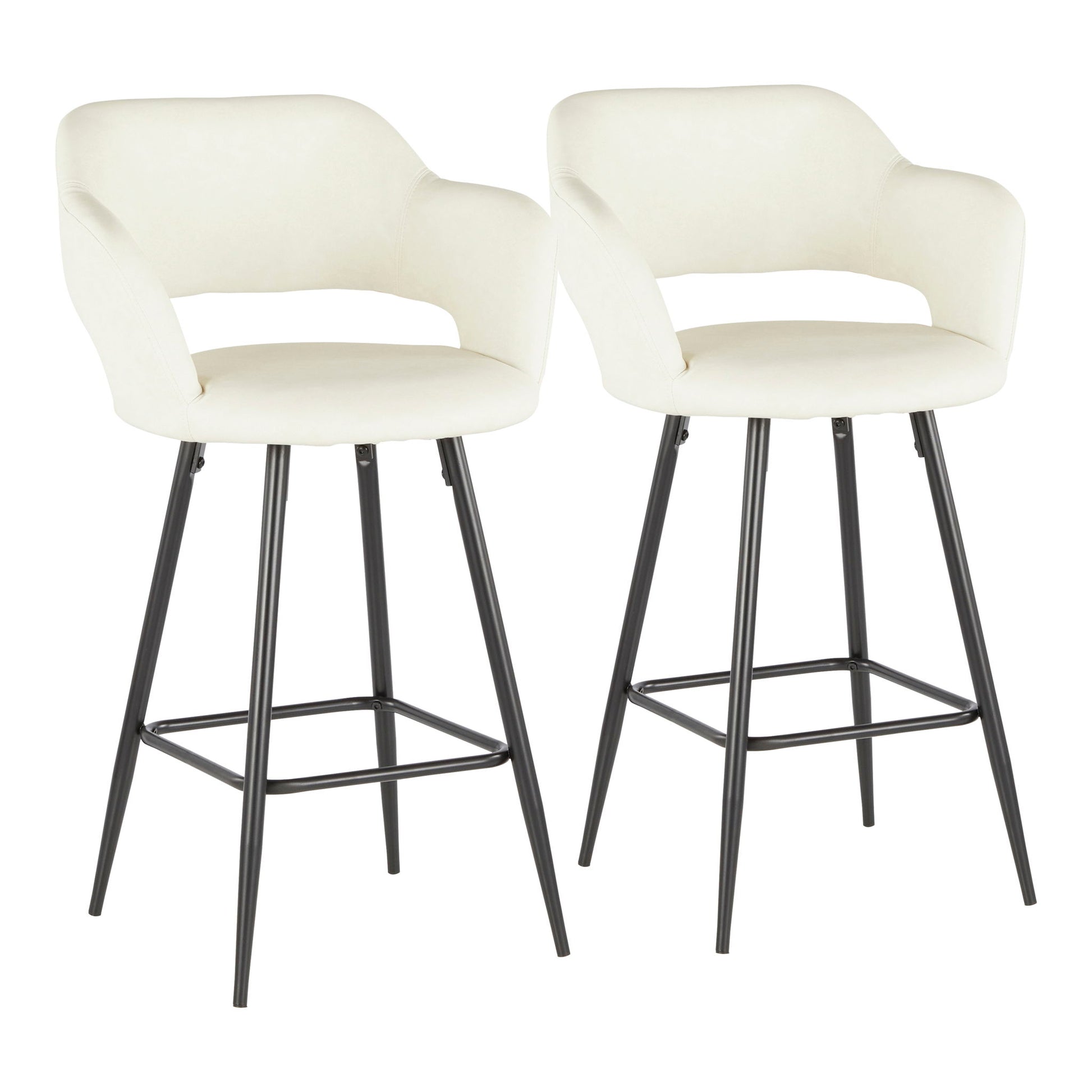 The Margarite Contemporary Counter Stool (Set of 2) features cushioned white seats and backs, black metal legs with footrests, curved armrests, and an open lower back for a modern look.