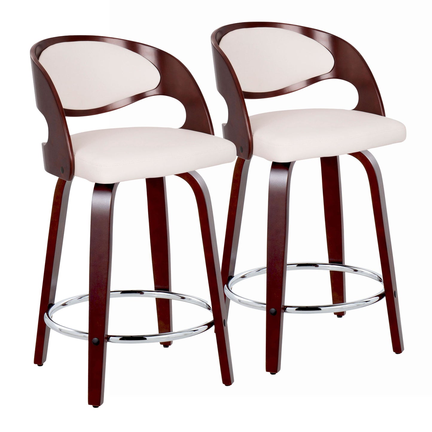 The Pino Mid Century Modern Fixed Height Barstool set features two bar stools with dark wooden frames, curved backrests, light beige cushioned seats, and a round chrome footrest connecting the four legs. Each stool also swivels.
