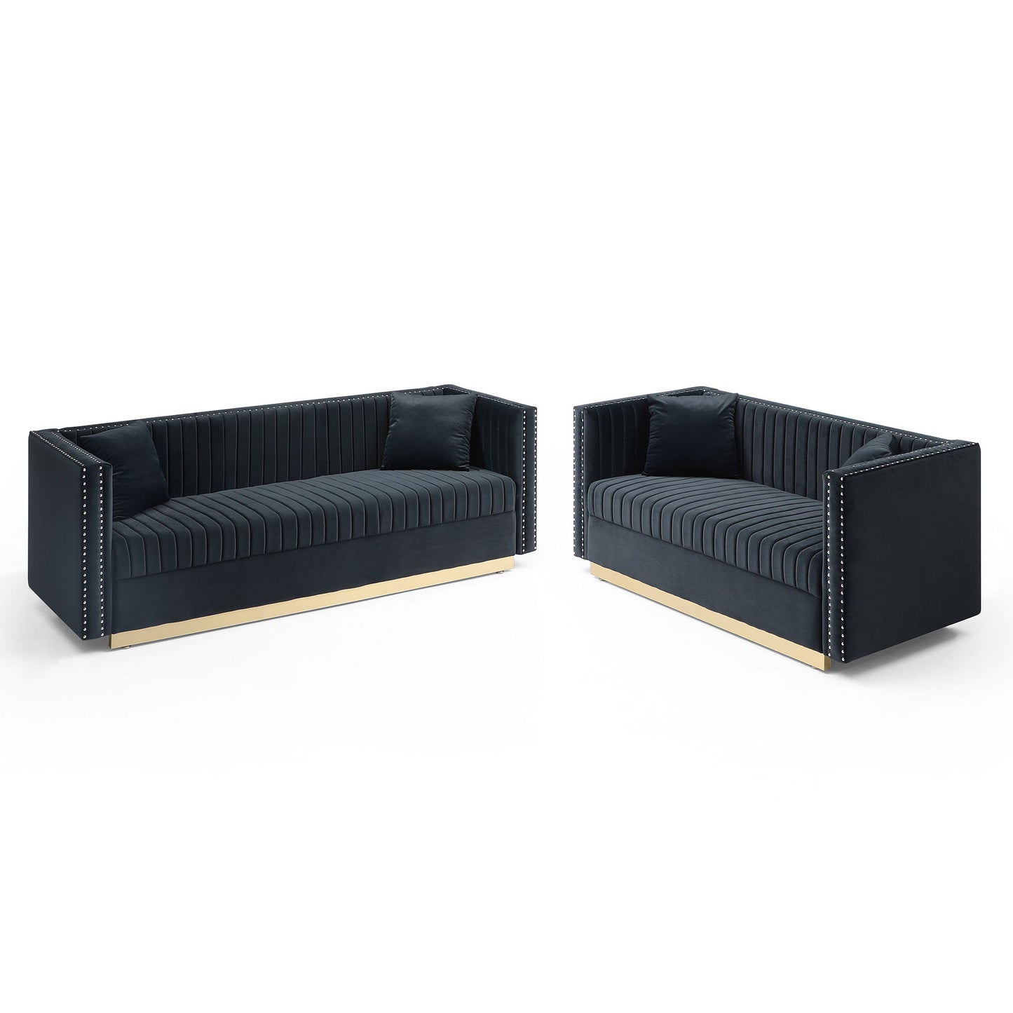 Two Contemporary Vertical Channel Tufted Velvet Sofa Loveseats, upholstered in black with gold bases and silver nailhead trim. Each set includes 4 matching pillows and is displayed against a plain white background.