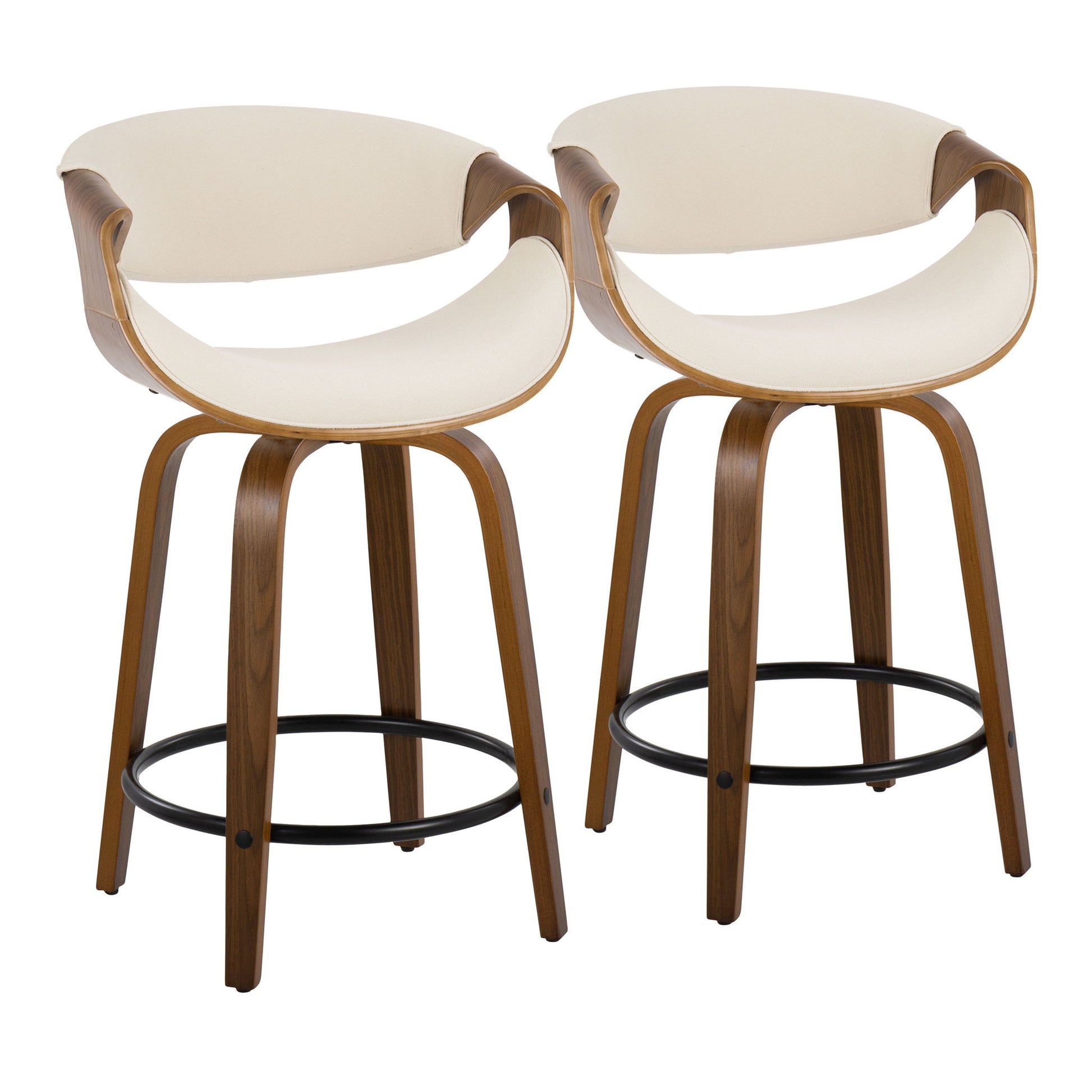 The Curvini Mid-Century Modern Fixed Height Counter Stool with Swivel (Set of 2) features curved wooden frames, beige upholstered seats and backs, and black circular footrests for a sleek, contemporary look.