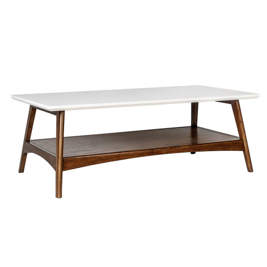 The Modern Table With Extra Storage features a rectangular white tabletop, angled wooden legs, and a lower shelf. Its modern design combines crisp white and brown wood finishes for a stylish look with added storage space.