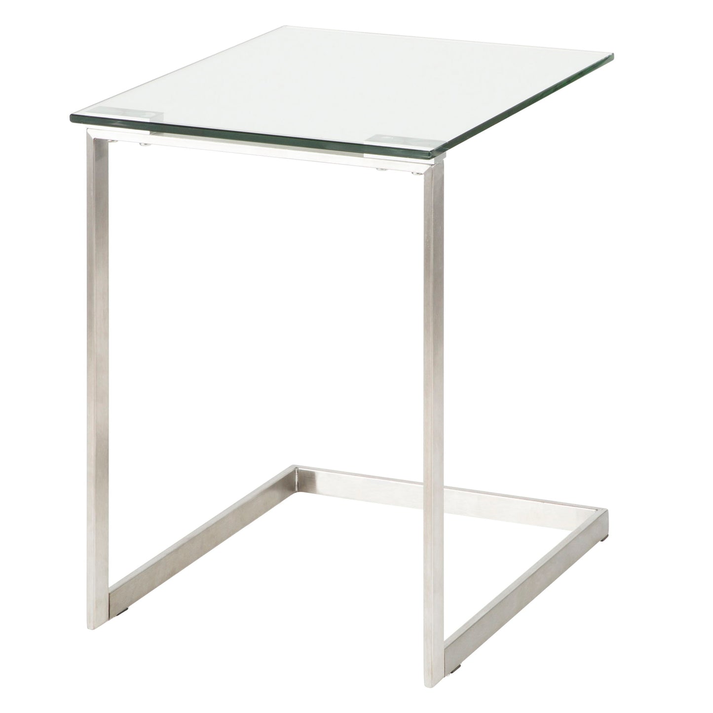 The Zenn - Contemporary End Table features a clear glass top, minimalist rectangular metal frame, and an open base on one side for a modern look.