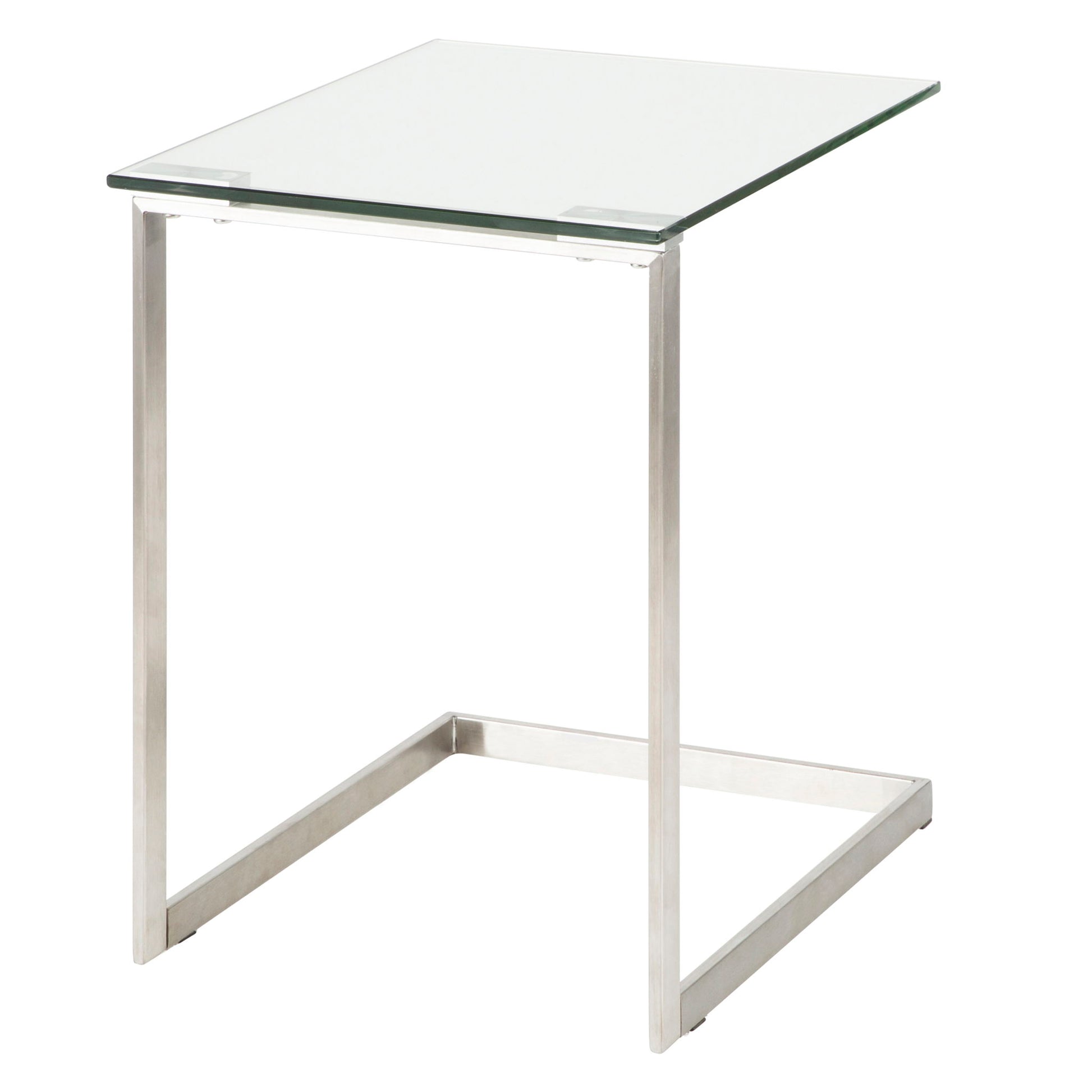 The Zenn - Contemporary End Table features a clear glass top, minimalist rectangular metal frame, and an open base on one side for a modern look.