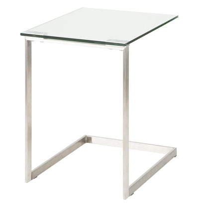 The Zenn - Contemporary End Table features a clear glass top, minimalist rectangular metal frame, and an open base on one side for a modern look.