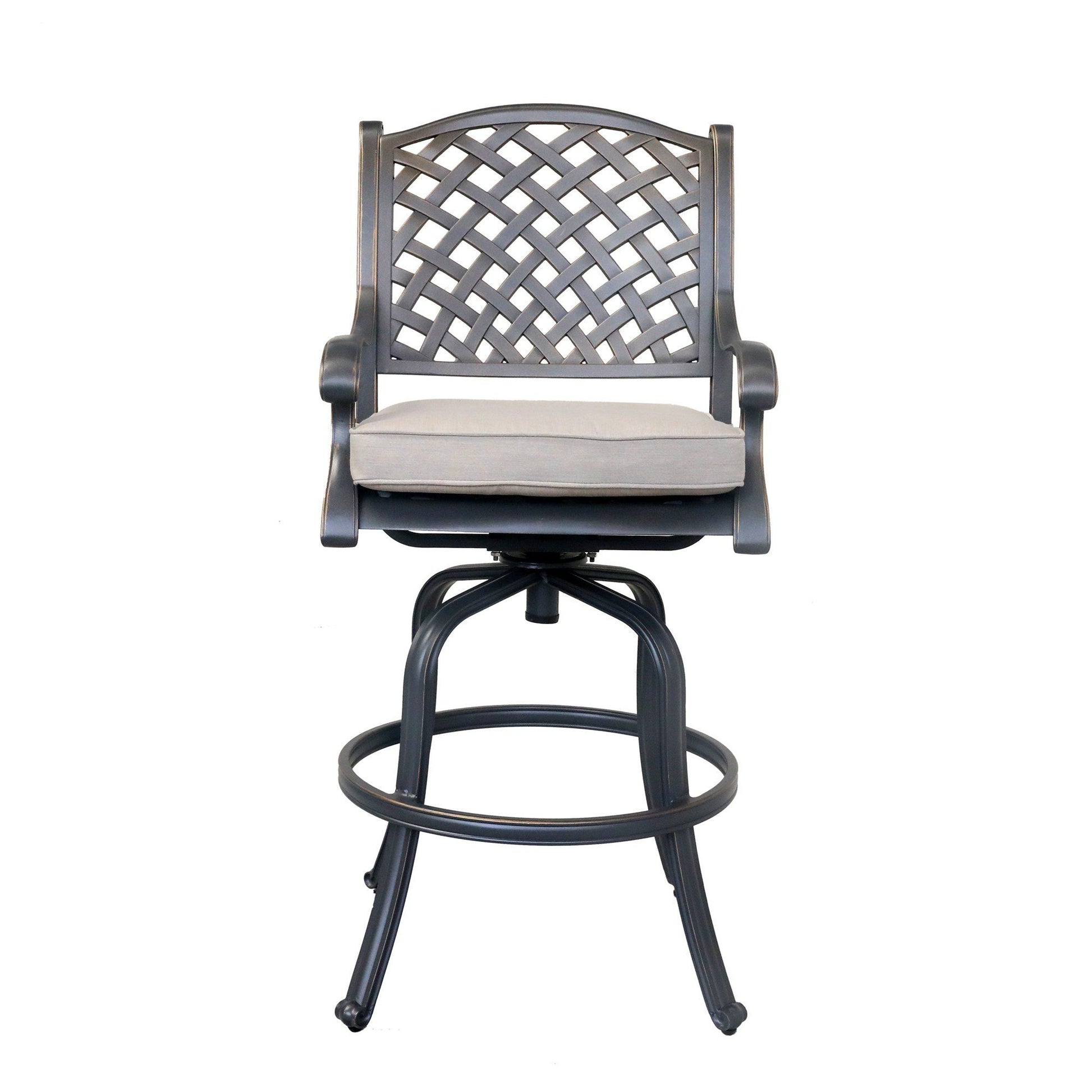 A set of 2 metal bar stools featuring lattice-patterned backrests, curved armrests, swivel bases, footrest rings, and light beige seat cushions, displayed against a plain white background.