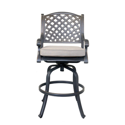 A set of 2 metal bar stools featuring lattice-patterned backrests, curved armrests, swivel bases, footrest rings, and light beige seat cushions, displayed against a plain white background.