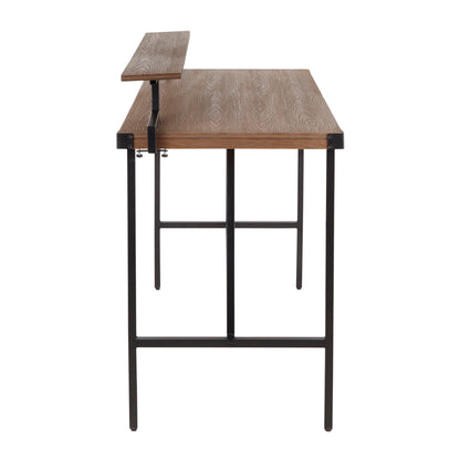 Side view of the Gia - Industrial Counter Table featuring a wood grain top, black metal legs, and a raised left-side shelf. The table showcases a minimalist, industrial design.