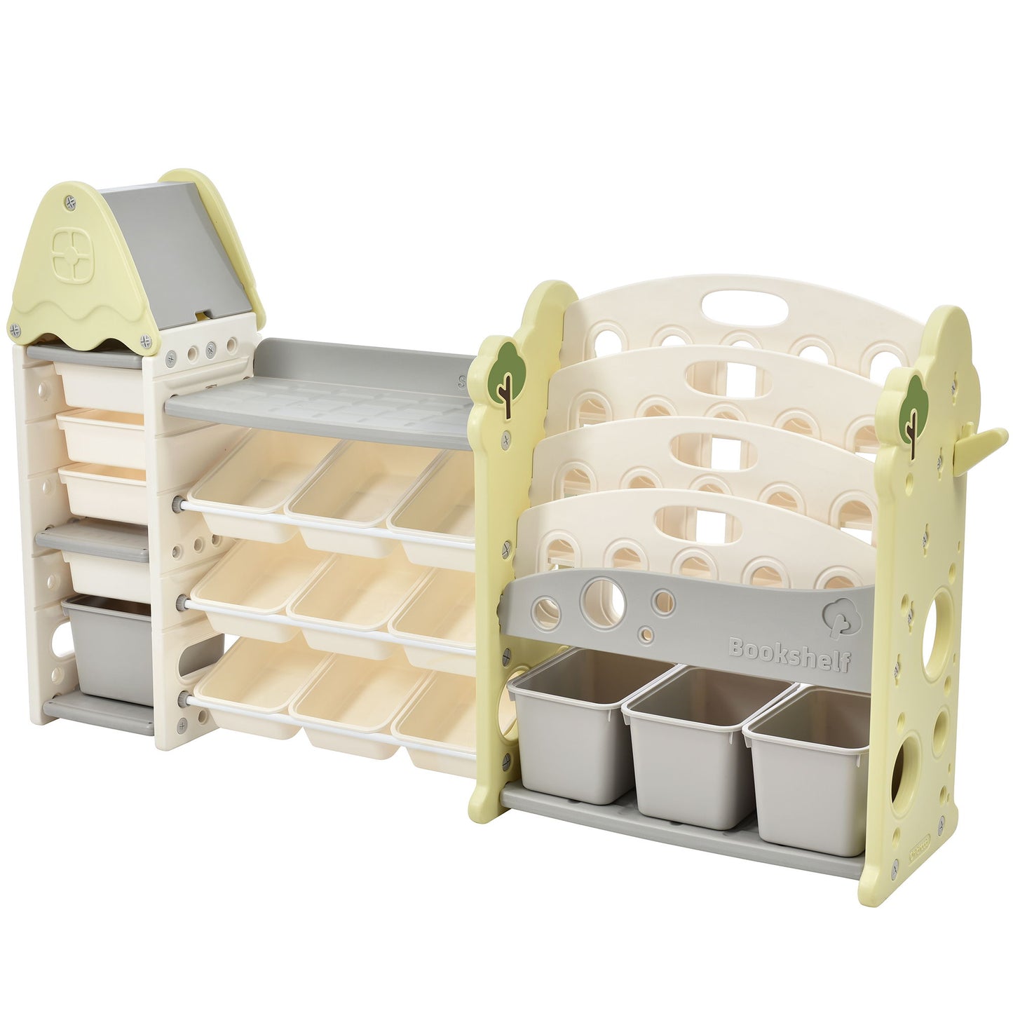 The Kids Bookshelf Toy Storage Organizer features 17 bins, 5 bookshelves, and animal-shaped side panels; a multi-functional HDPE unit for organizing toys, books, and art supplies in beige and gray.