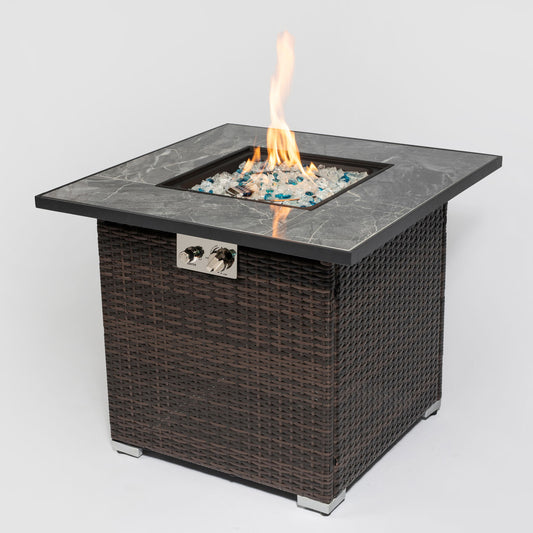 The 30" Outdoor Fire Table is a square propane gas fire pit with an espresso base, glass rocks, a lid, and rain cover—perfect for outdoor gatherings.