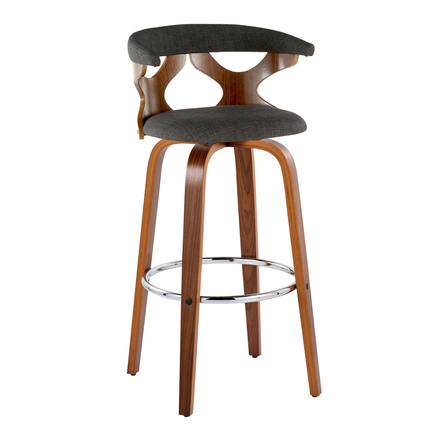 The Gardenia Mid Century Modern Fixed Height Barstool (Set of 2) features curved wooden legs, a round metal footrest, a cushioned dark gray seat, and a matching curved backrest with a unique cutout design.