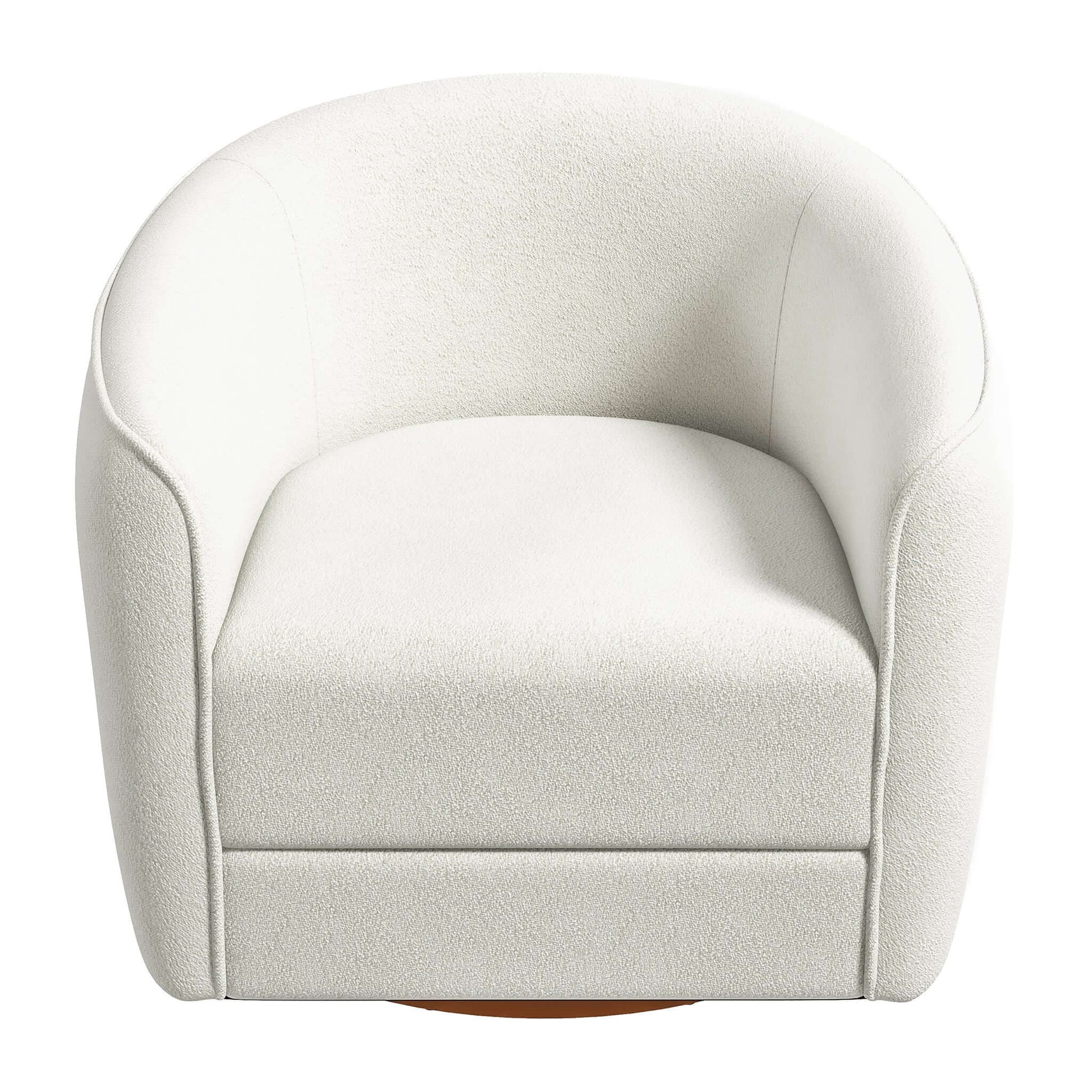 The Elise Mid-Century Modern Swivel Chair features a rounded white design, soft textured fabric, and a curved backrest, shown from the front against a white background.