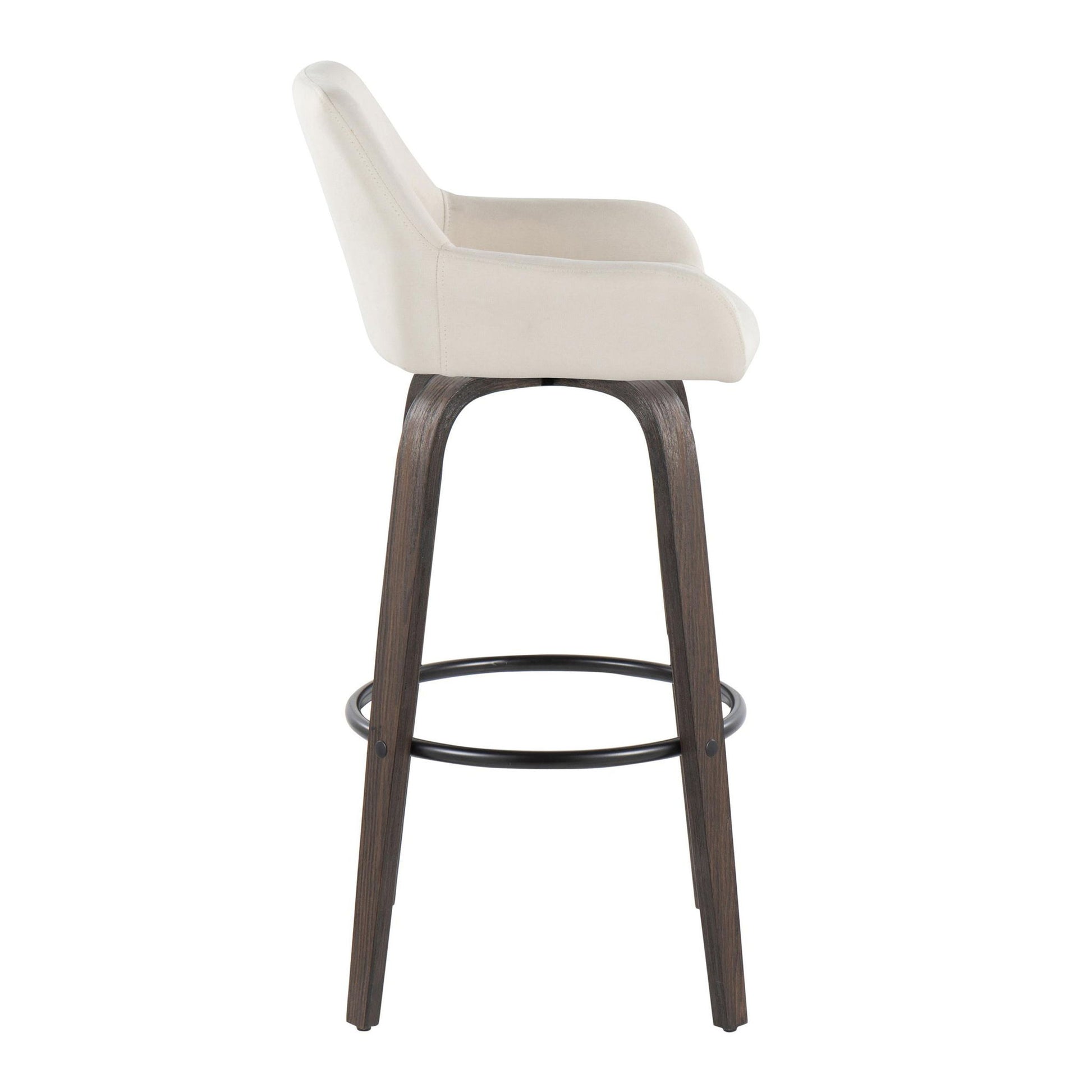 Side view of the Daniella Contemporary Fixed Height Barstool with swivel, featuring a light beige upholstered seat, curved backrest, dark wooden legs, and a round metal footrest (Set of 2).