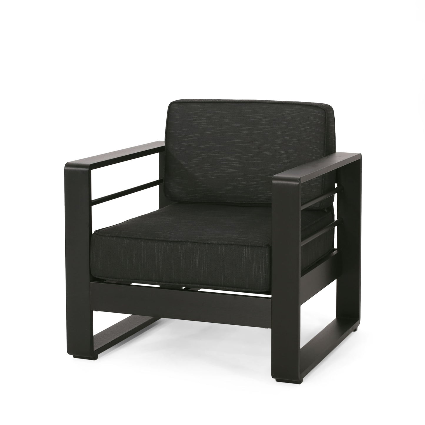 The Maya Bay - Club Chair is a modern black armchair with thick cushioned seat and backrest, wide rectangular armrests, and a sturdy metal frame.