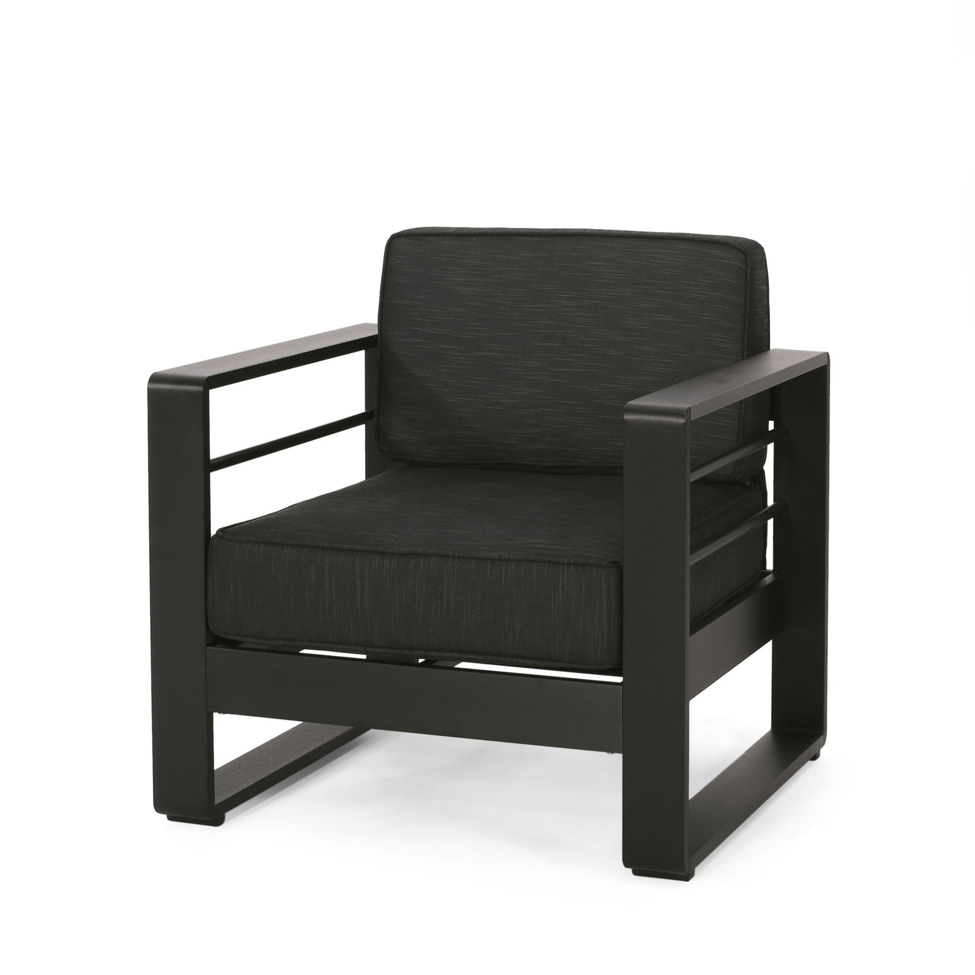 The Maya Bay - Club Chair is a modern black armchair with thick cushioned seat and backrest, wide rectangular armrests, and a sturdy metal frame.