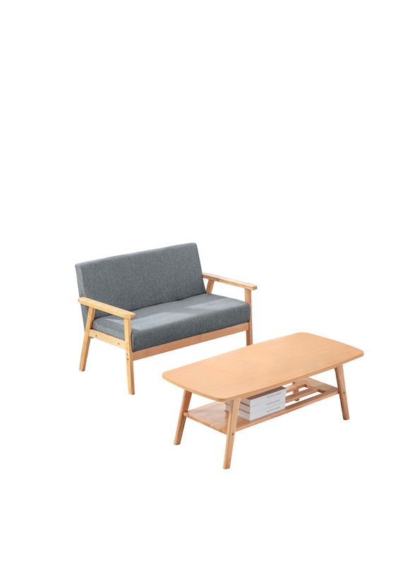 The Bahamas - Living Room Set features a light wood-frame loveseat with gray cushions and a matching rectangular coffee table with a shelf for books, both isolated on a white background.