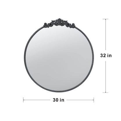 Classic Design Mirror with a baroque-inspired black decorative top edge, measuring 32" high and 30" wide. Features a plain white background, perfect for bathrooms or entryway consoles.