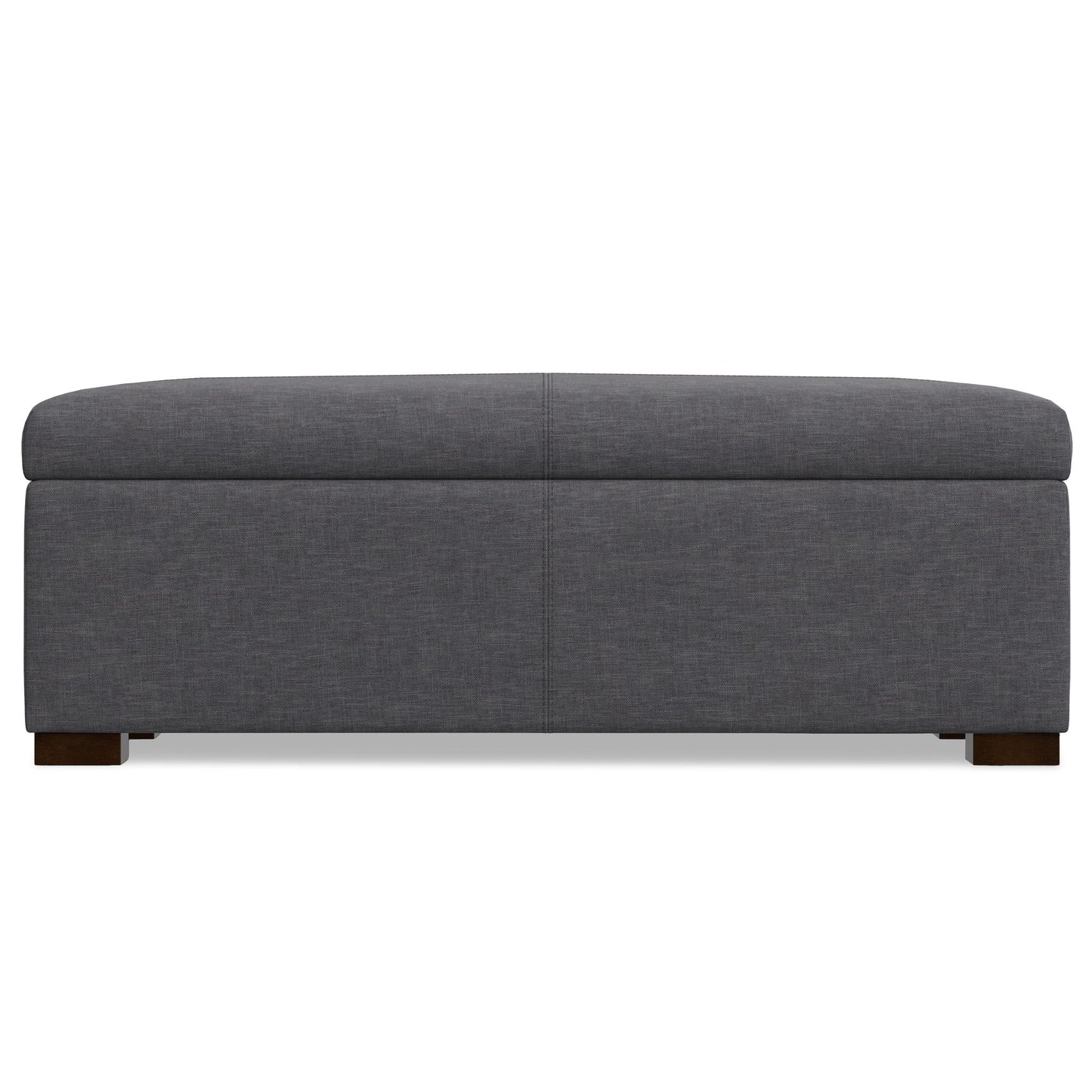 The Gabbie Coffee Table Upholstered Storage Ottoman features a rectangular gray design, hinged lid, and short wooden legs, shown from the front against a white background.