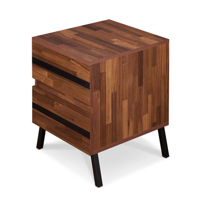 The Karine Accent Table in Black/Walnut features a modern block pattern, two drawers with horizontal black handles, and four angled black legs, displayed against a white background.