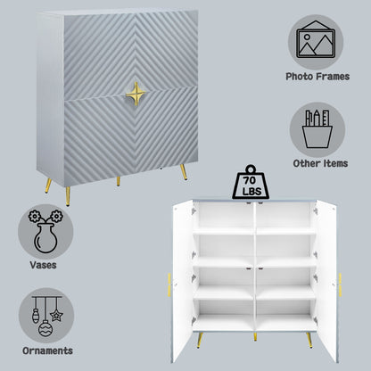 The Gaines High Gloss Accent Cabinet features a modern gray finish, gold legs, and a star-shaped handle. Shown open and closed with shelves, it holds up to 70 lbs. Perfect for vases, ornaments, photo frames, and more.