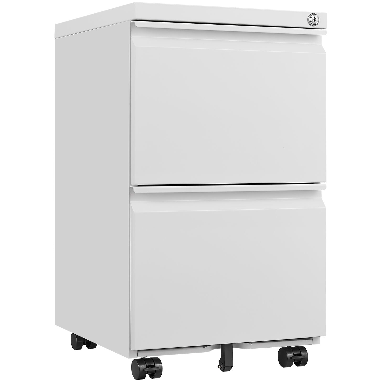A white 2 Drawer File Cabinet With Lock, metal under desk, fits Letter/Legal/A4 size for home office, features a lock on the top drawer and black wheels for easy mobility.