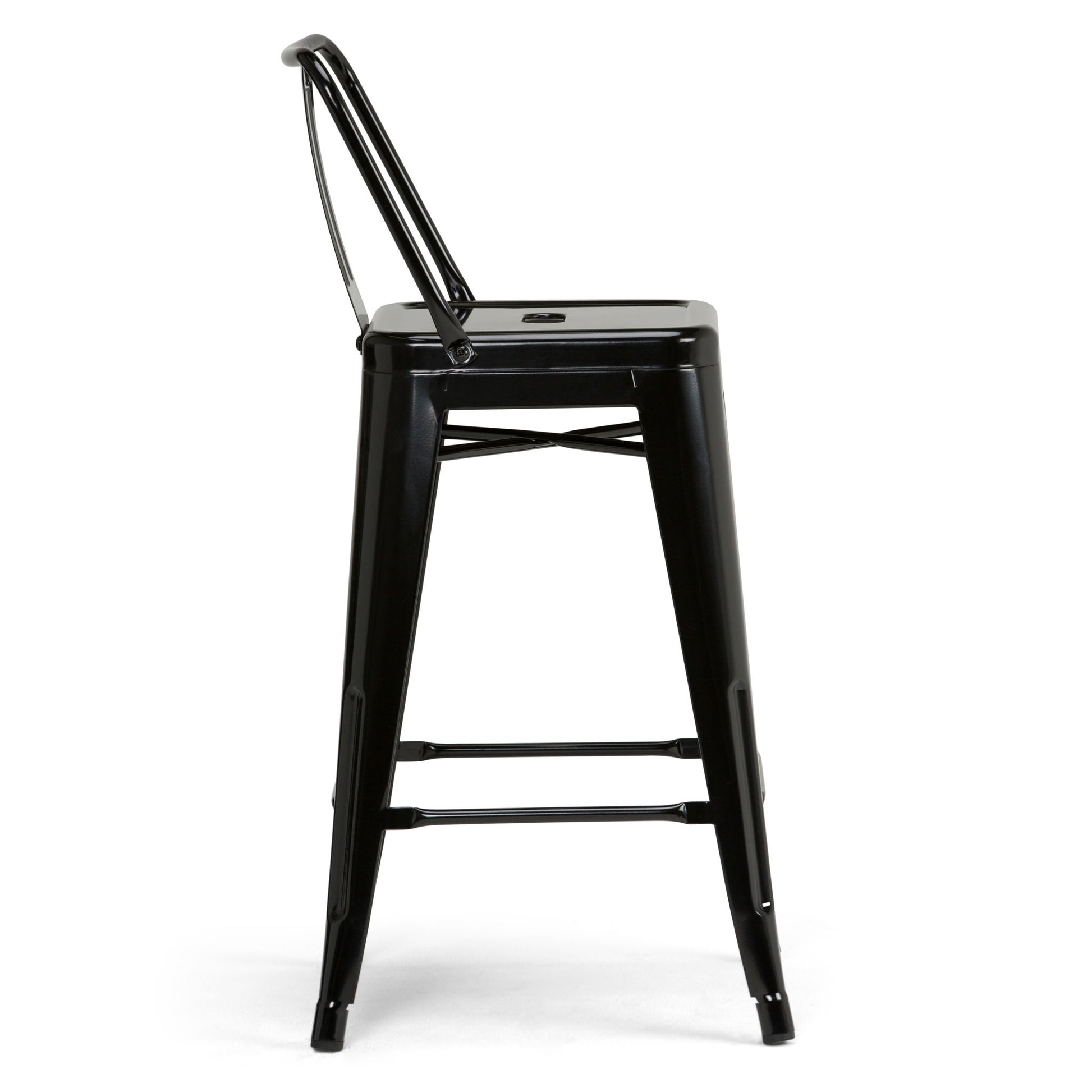 The Rayne - Multifunctional Metal Stool is a black metal bar stool with a slim backrest, four legs, and horizontal support bars. Viewed from the side on a white background, it features a minimalist industrial design.