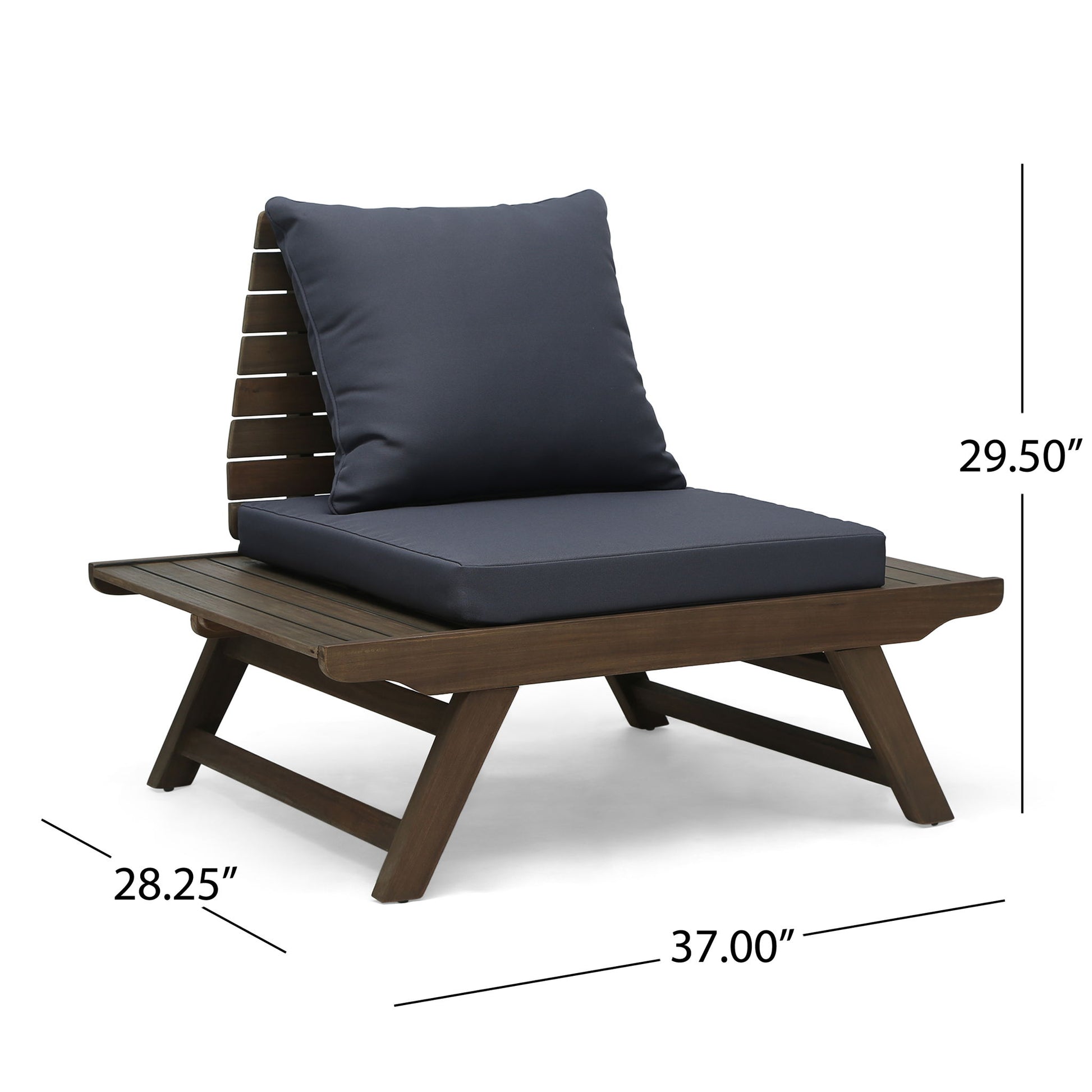 The Sedona Outdoor Club Chair features an angled slatted design, wide seat, and thick dark gray cushions. Shown with measurement lines: 29.5" tall, 37" wide, and 28.25" deep.