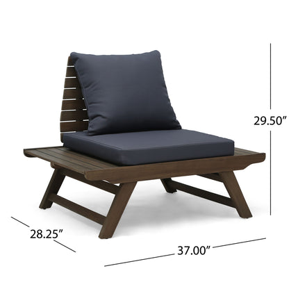 The Sedona Outdoor Club Chair features an angled slatted design, wide seat, and thick dark gray cushions. Shown with measurement lines: 29.5" tall, 37" wide, and 28.25" deep.