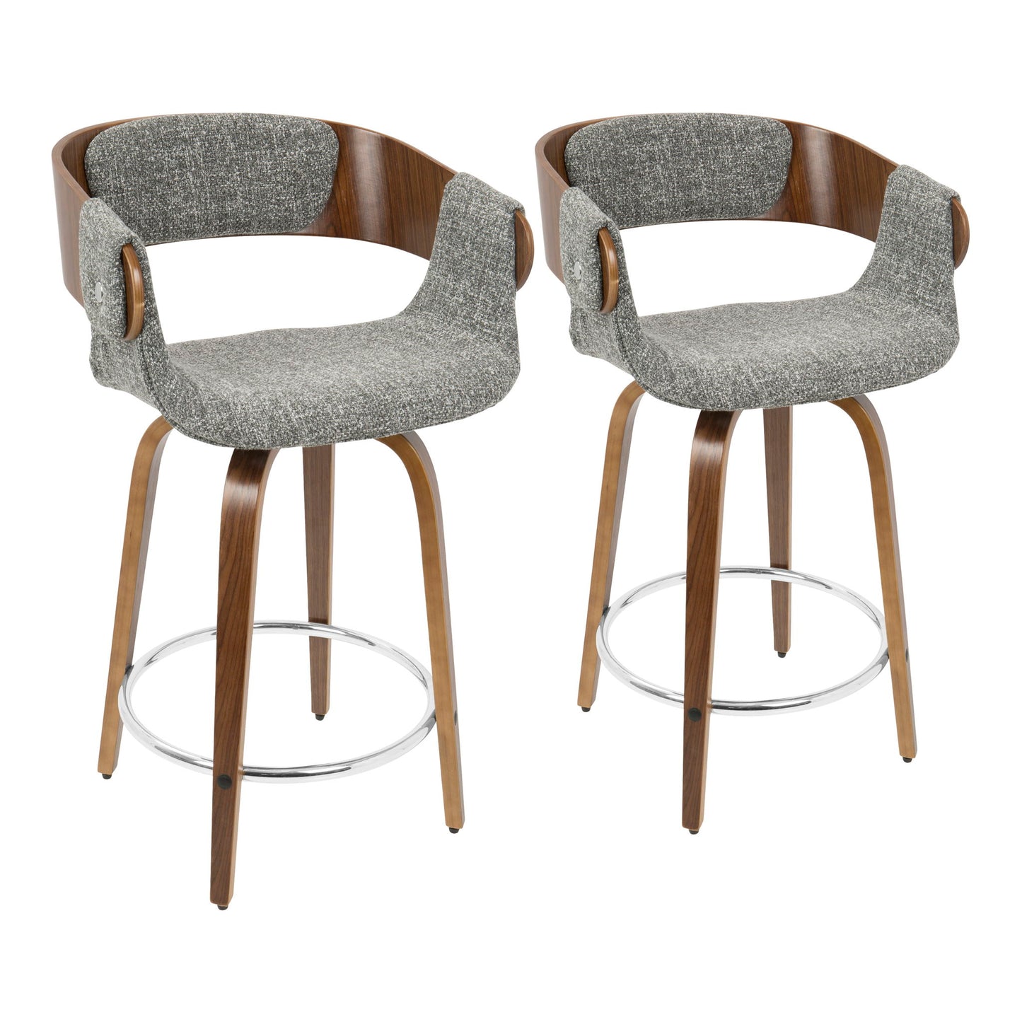 The Elisa Set of 2 Mid Century Modern Counter Stools features curved wooden backs, gray upholstered seats with armrests, metal footrests and accents, and four wooden legs per stool for a stylish update to your space.