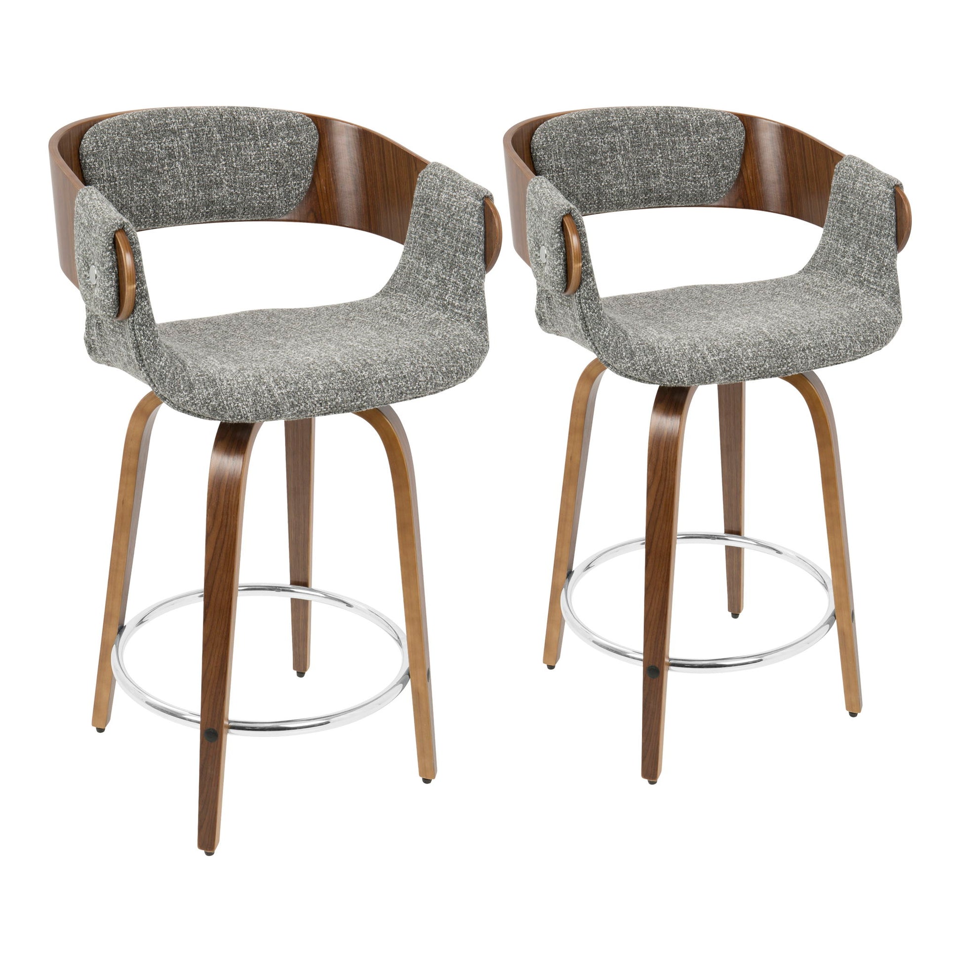 The Elisa Set of 2 Mid Century Modern Counter Stools features curved wooden backs, gray upholstered seats with armrests, metal footrests and accents, and four wooden legs per stool for a stylish update to your space.