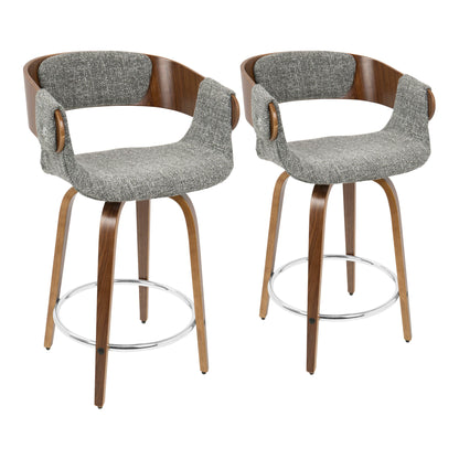 The Elisa Set of 2 Mid Century Modern Counter Stools features curved wooden backs, gray upholstered seats with armrests, metal footrests and accents, and four wooden legs per stool for a stylish update to your space.