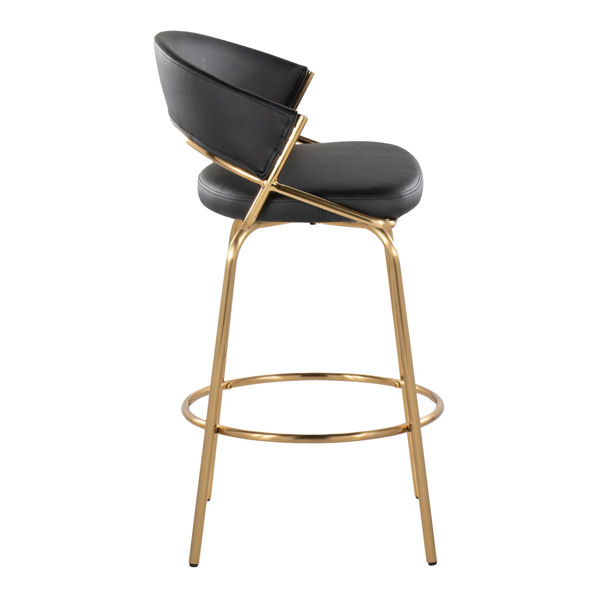 The Jie - Glam Fixed Height Counter Stool (Set of 2) features a round black cushioned seat and backrest, gold metal frame, four slender legs, and a circular footrest. Shown from the side view.