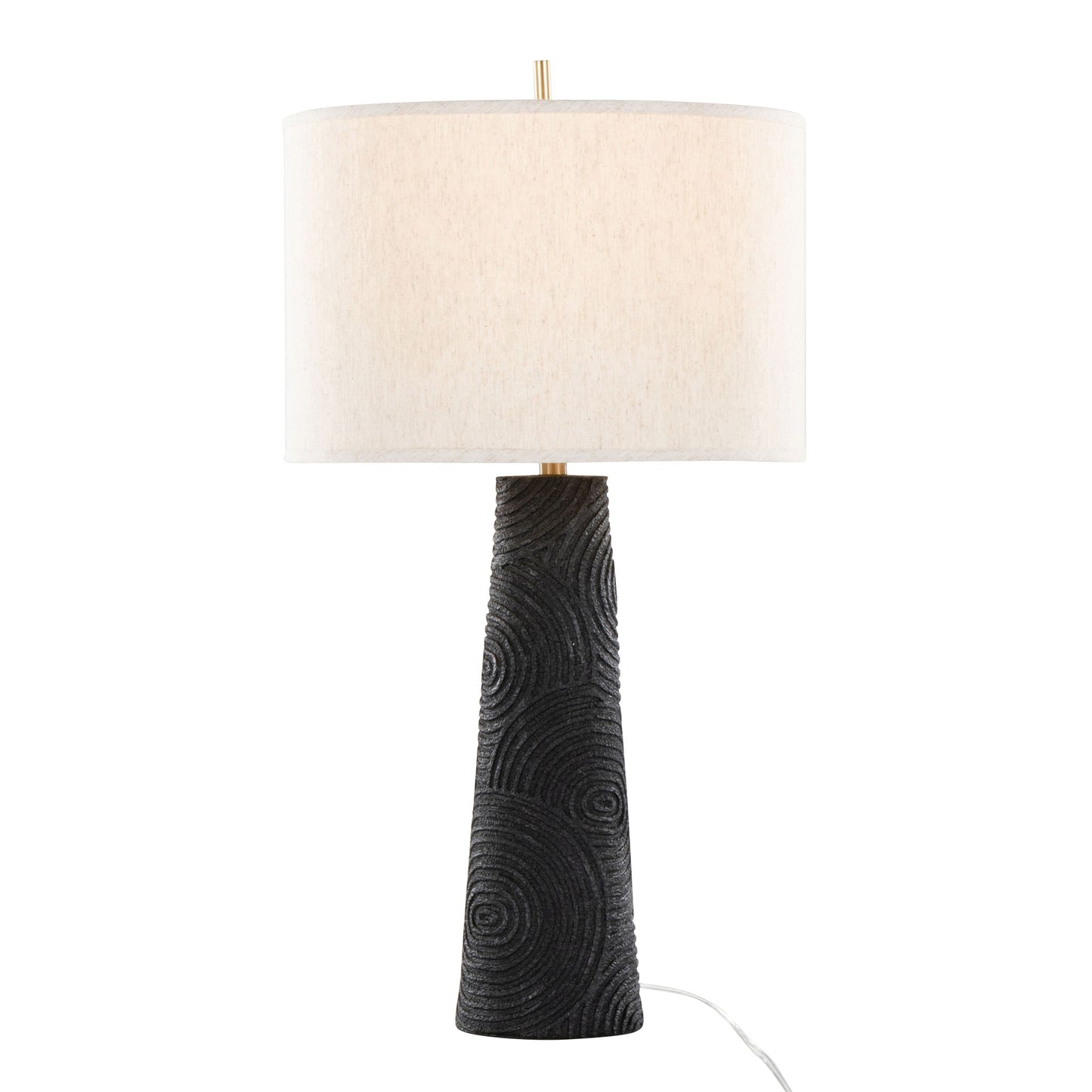 The Kona - Contemporary Table Lamp (Set of 2) features a textured matte black conical base with circular patterns, a large cylindrical white shade, modern brass accents, and a white power cord.