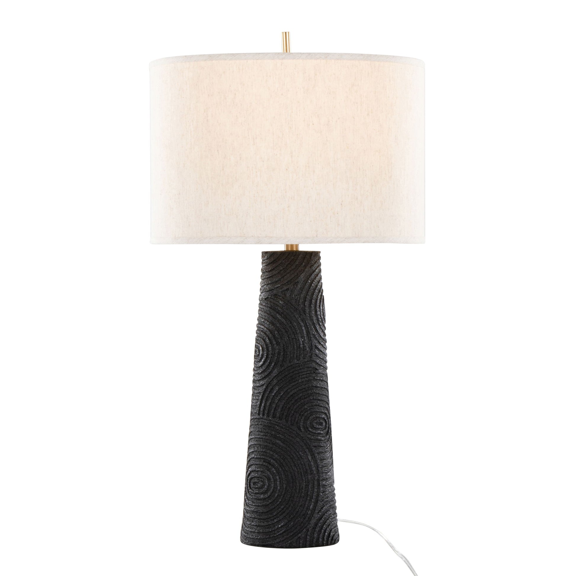 The Kona - Contemporary Table Lamp (Set of 2) features a textured matte black conical base with circular patterns, a large cylindrical white shade, modern brass accents, and a white power cord.