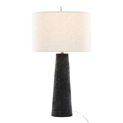 The Kona - Contemporary Table Lamp (Set of 2) features a textured matte black conical base with circular patterns, a large cylindrical white shade, modern brass accents, and a white power cord.